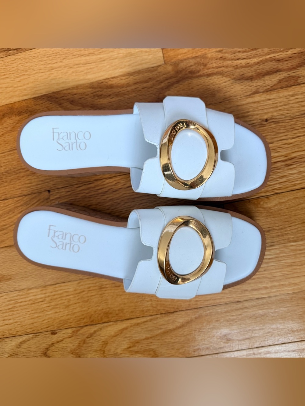 Franco Sarto White Slide Sandals with Gold Oval Buckle
